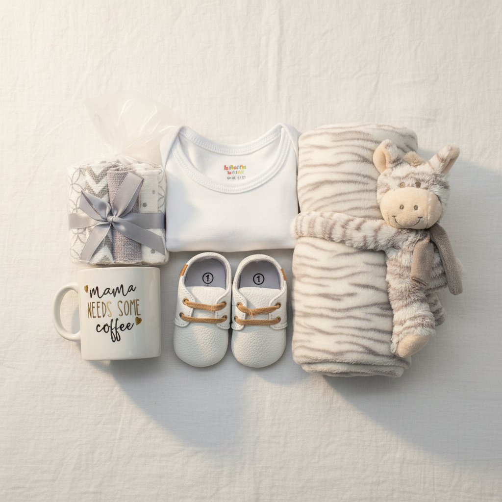 Flat lay coffret cadeau naissance